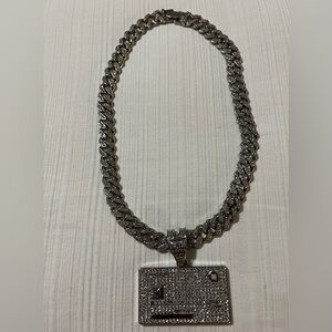 Iced Out Credit Card Pendant & Heavy Cuban Link Chain Necklace - Silver Tone